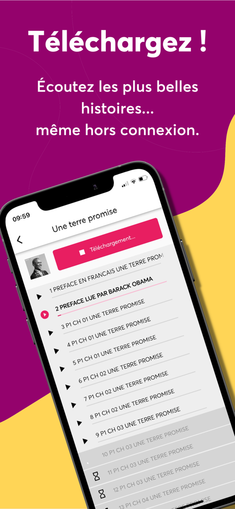Book doreille app interface showing the download process for offline listening of the audiobook Une terre promise.