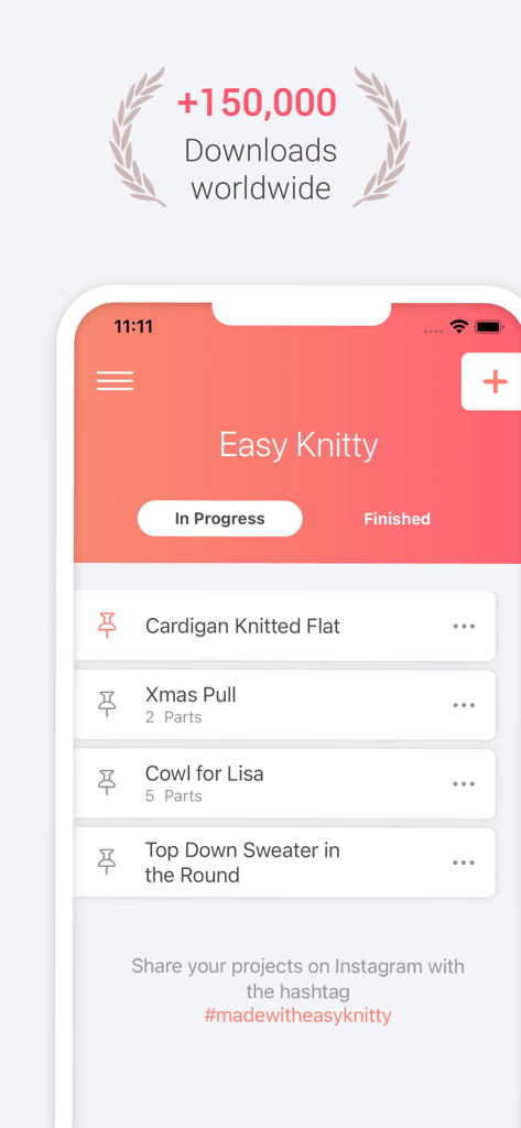 Easy Knitty app interface showing a list of active knitting projects including cardigans and sweaters