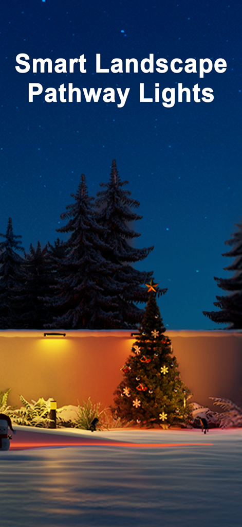 Luzes inteligentes de caminho paisagístico iluminando um quintal nevado com uma árvore de Natal decorada