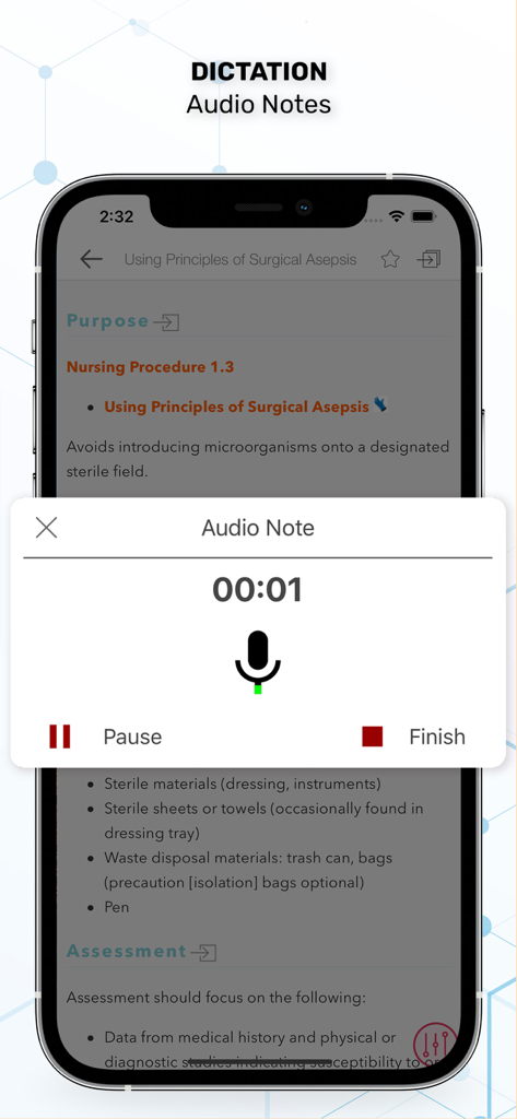 Recording an audio note within the Nurse Guide Clinical Procedure app interface