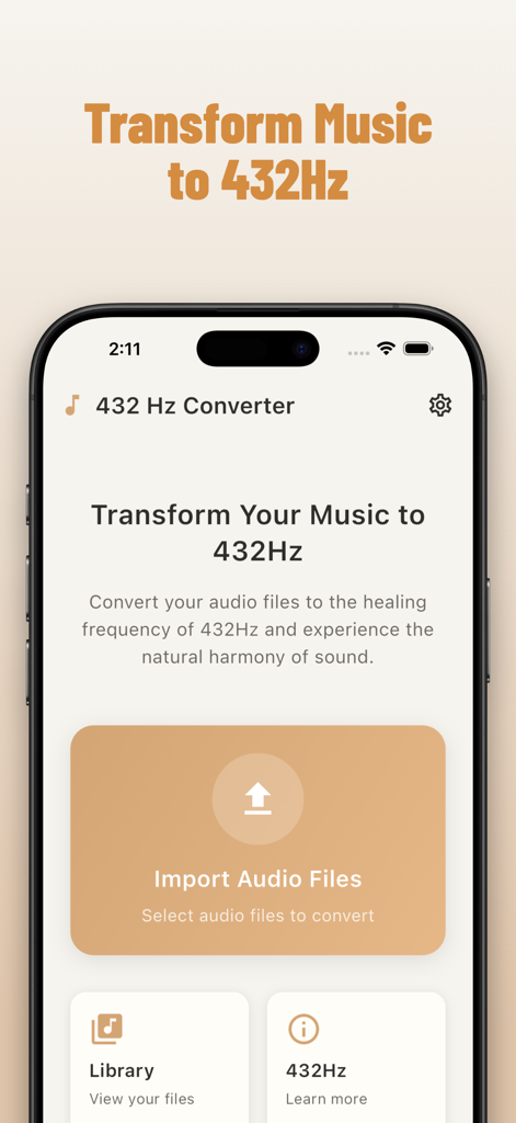 432 Hz Converter - Startbildschirm der 432 Hz Konverter App mit der Schaltfläche zum Importieren von Audiodateien für die Frequenzumwandlung