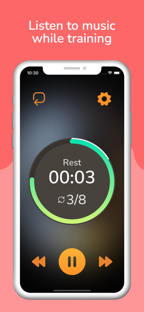 PureHIIT workout timer interface showing a rest interval and integrated music playback controls