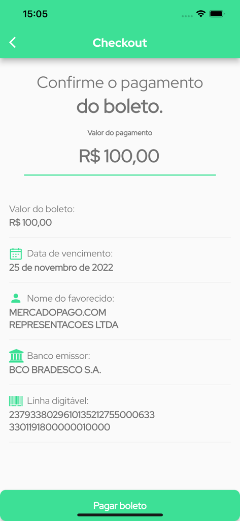 Parcele Já - Conta digital - Tela de checkout para confirmar um pagamento de boleto de 100 Reais no aplicativo da conta digital Parcele Ja