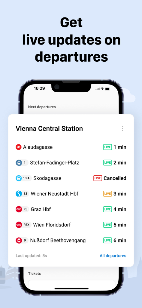 wegfinder - Smartphone screen showing real time public transport departure times at Vienna Central Station in the wegfinder app