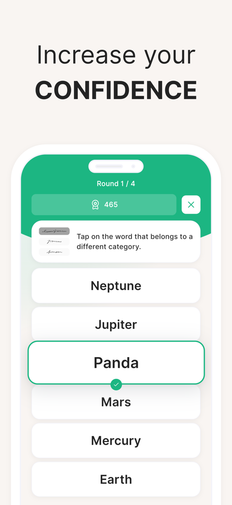 A word categorization logic puzzle in the Propel ADHD app where the user identifies Panda as the outlier among a list of planets