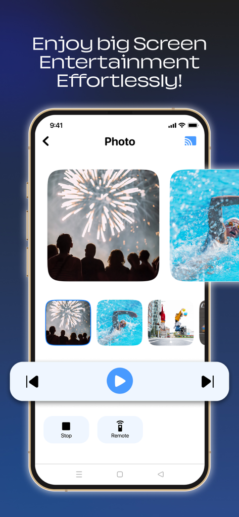 Smart View app interface for casting photos from iPhone to a television screen.