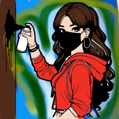 realistic girl with mask spray painting a wall