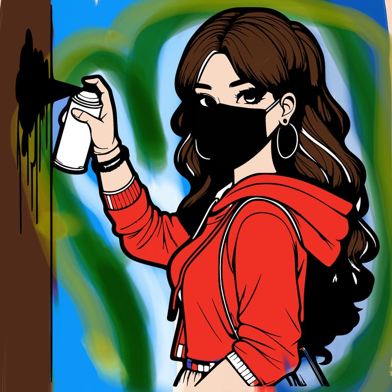 realistic girl with mask spray painting a wall