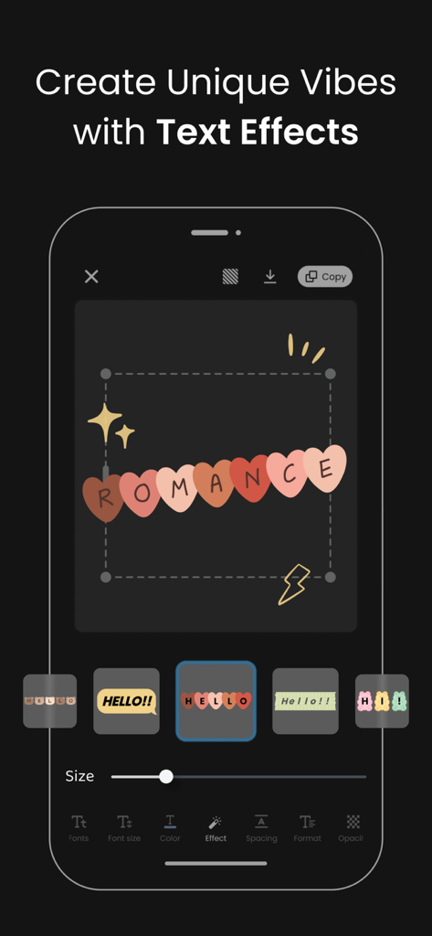 Interfaccia dell'app Vivisticker che mostra effetti di testo creativi e adesivi estetici per le storie dei social media
