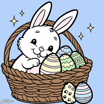 easter bunny in a basket with eggs in the basket