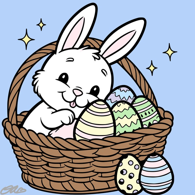 easter bunny in a basket with eggs in the basket