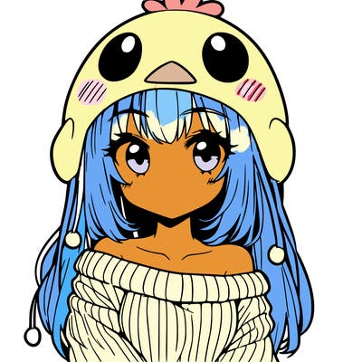 anime girl with chick shaped hat with sweater with bare shoulders with bangs covering them one eye with low tail