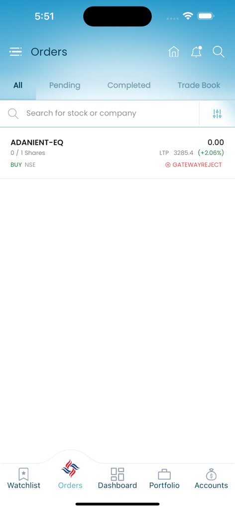 Chola Securities - La schermata di gestione degli ordini dell'app Chola Securities che mostra lo stato delle negoziazioni per le azioni indiane.