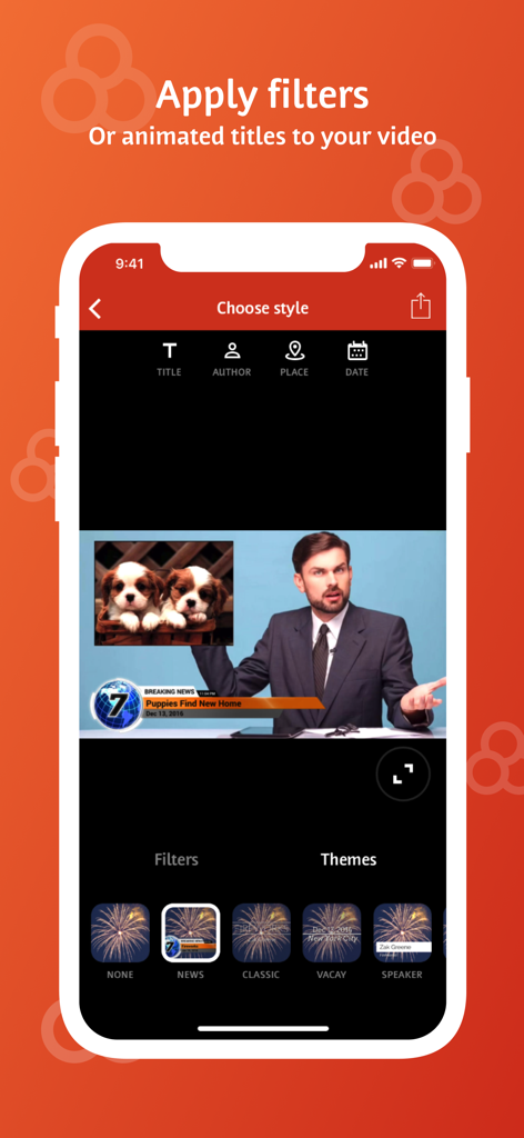 Interface do aplicativo Videoshop mostrando opções de títulos animados e temas de notícias para edição de vídeo móvel.