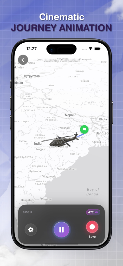 MapVibe: Travel Video Maker - Animación cinematográfica de helicóptero 3D mostrando una ruta de viaje en un mapa