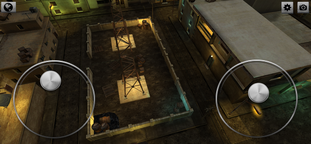 In-game view of an industrial environment at night in the DRS drone flight simulator with touch joysticks