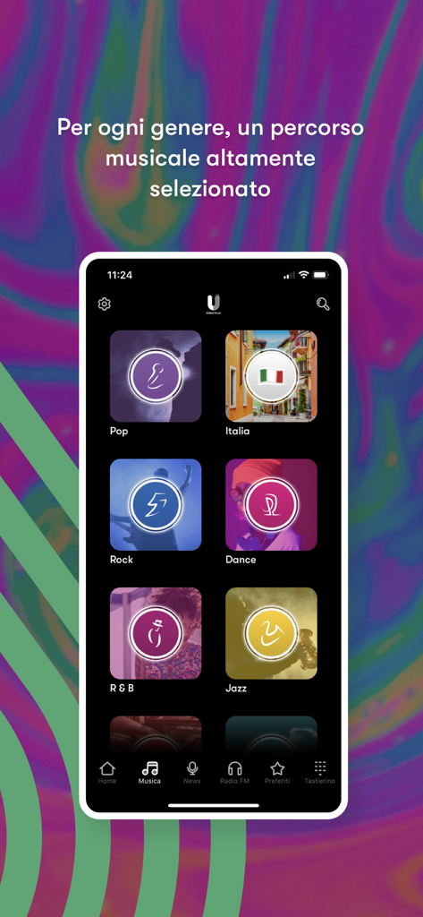 United Music: Musica Gratis - The United Music app interface displaying a selection of music genres like Pop, Rock, and Jazz.