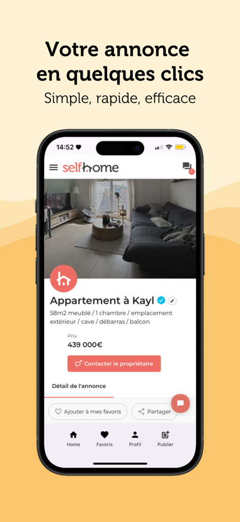 Selfhome.lu - Annonces Immo - Selfhome.lu mobile app interface showing an apartment listing in Kayl Luxembourg