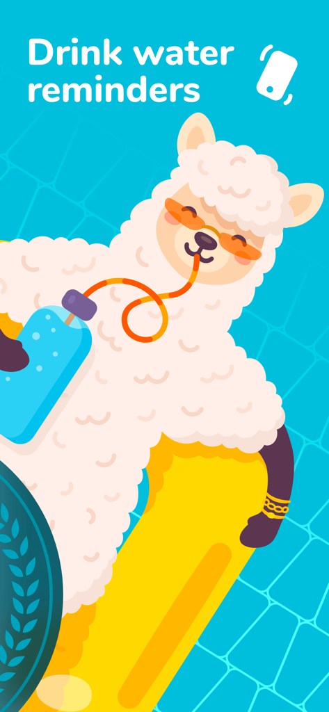 A cute llama character wearing sunglasses and drinking water while floating in a pool with the text Drink water reminders