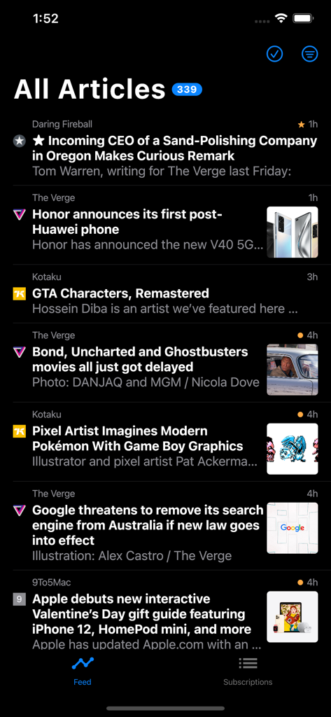 List of news articles in the Fluent Reader Lite RSS client dark mode interface