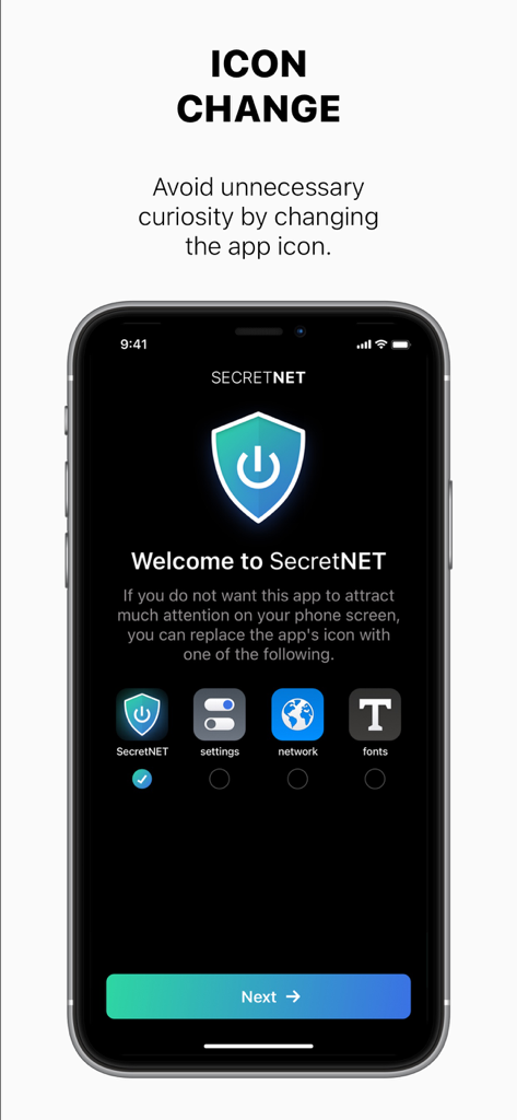 VPN Super Unlimited - Secret - Schermata dell'app SecretNET che mostra le opzioni per modificare l'icona dell'app in impostazioni, rete o caratteri per una maggiore privacy