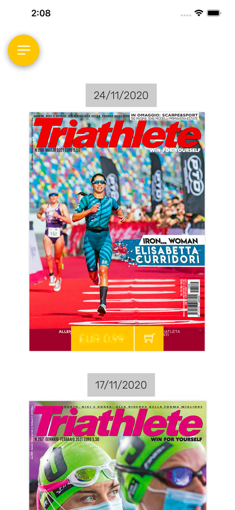 Archivio dell'edicola digitale nell'app Triathlete che mostra i numeri passati della rivista.