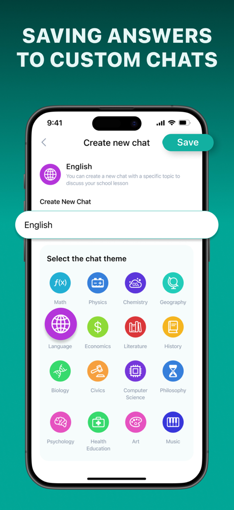 Homework Solver Chat AI Helper - Interfaz de la aplicación Solucionador de Tareas mostrando cómo organizar las respuestas de las tareas en chats personalizados por materia como Inglés y Matemáticas