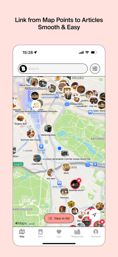 BrutusMapzine-App-Oberfläche mit einer Karte von Tokio und redaktionellen Fotopins für kuratierte Reiseziele.