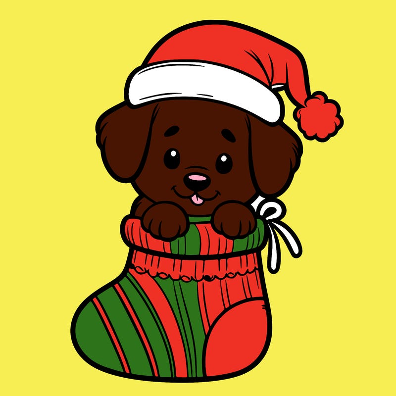 cute puppy wearing santa hat in socking