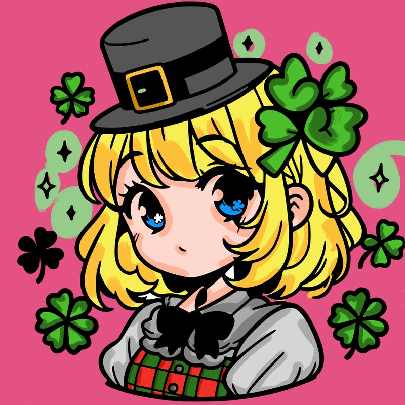 a manga-style girl with clovers around her, a little hat in her hair, like it's saint patrick's day