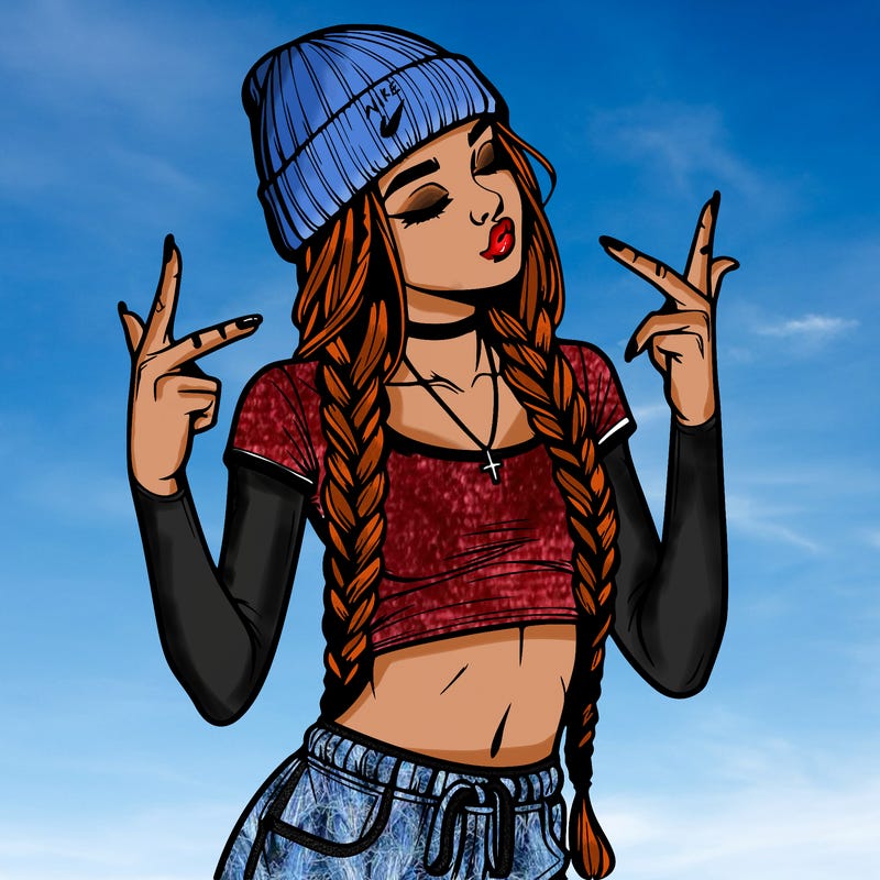 realistic teenage girl with braids and a beanie and crop top doing 🫶🏼