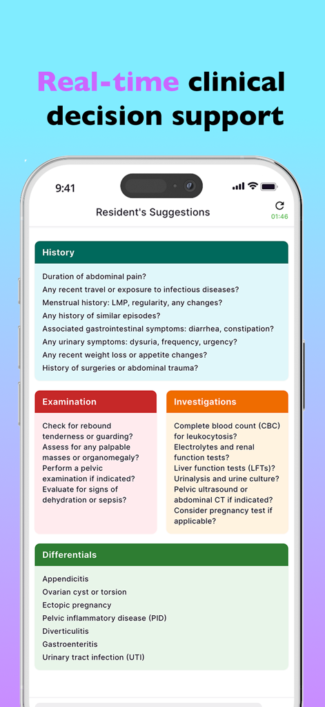Mon AI - Interfaz de la aplicación Mon AI clinical assistant que muestra soporte de decisiones clínicas en tiempo real con sugerencias de historial y examen