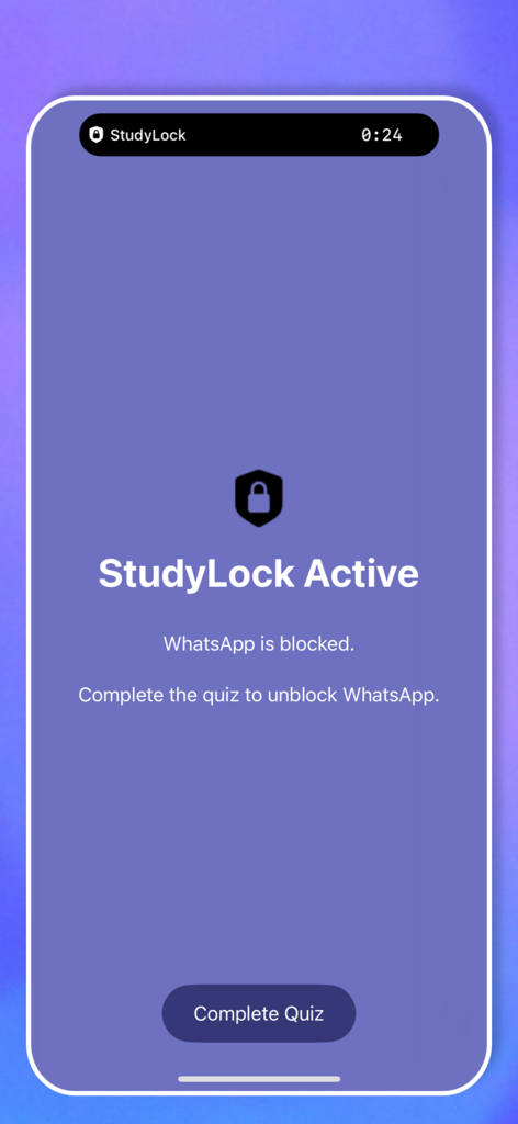 StudyLock: Block Distractions - StudyLock app interface showing WhatsApp is blocked with a button to complete a quiz for access.