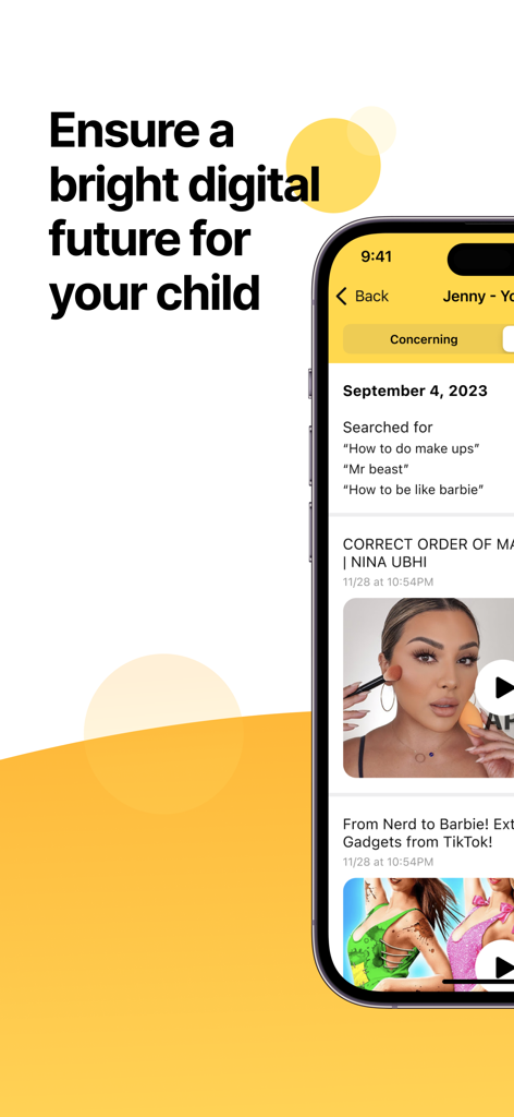 BrightCanary Parental Controls - A smartphone screen displaying the BrightCanary app interface showing a child's search history and video views for monitoring purposes.