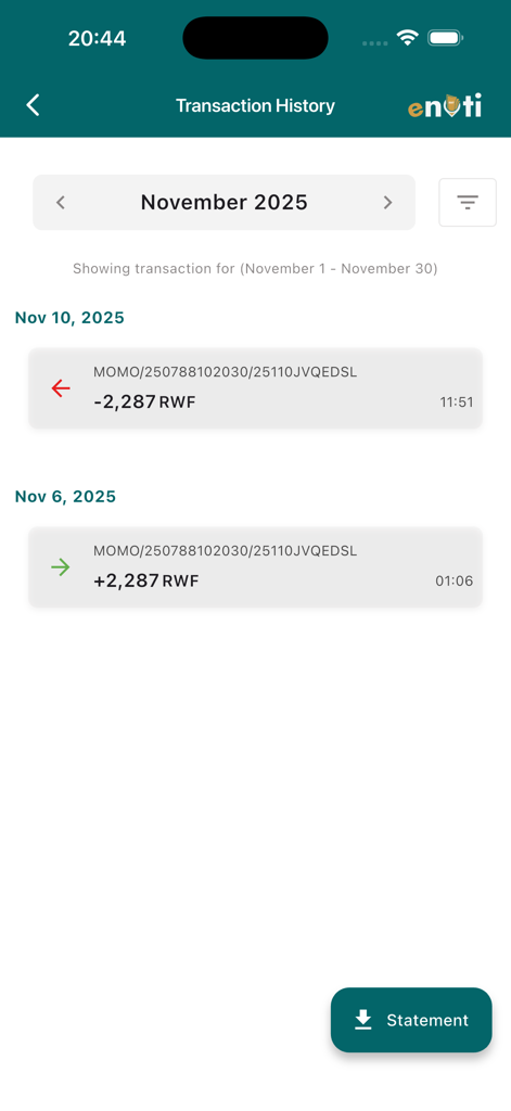 Enoti App transaction history screen showing a list of recent cash rewards and transactions for November 2025.