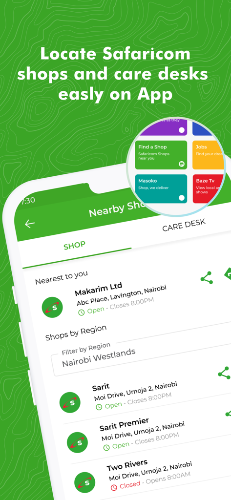 MySafaricom App - MySafaricom App screen for locating nearby shops and care desks.