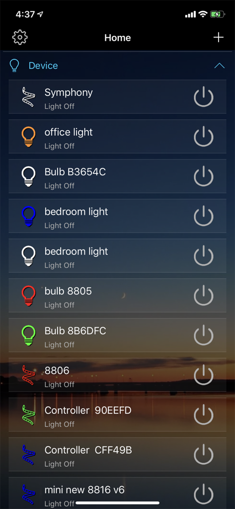 Magic Home Pro app screen displaying a list of connected smart light bulbs and led strips