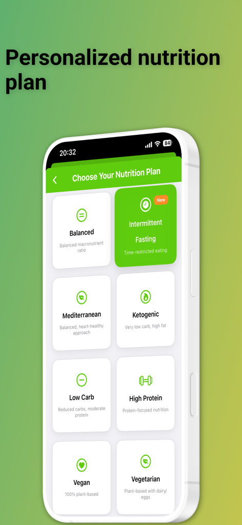 Interface of the Diet Scan AI app showing various personalized nutrition plan options like Intermittent Fasting and Ketogenic