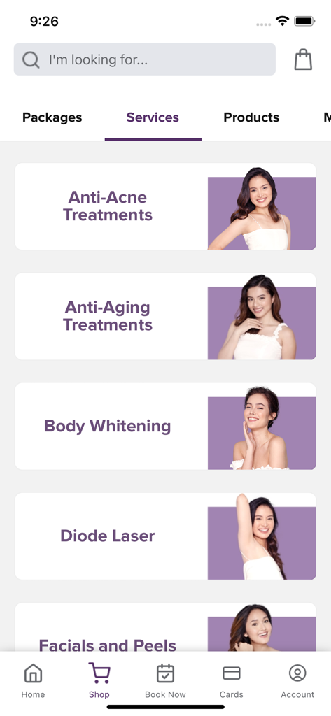 SkinStation app screen displaying clinical aesthetic services like anti-acne, anti-aging, body whitening, and diode laser treatments