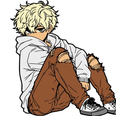 a male hoddie ripped jeans messy hair anime