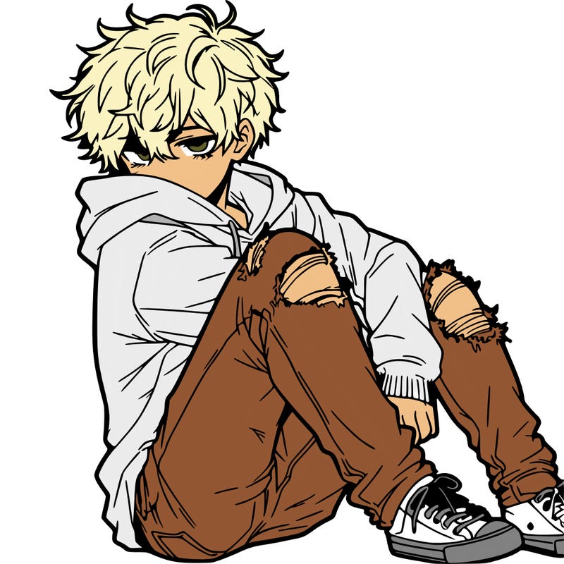 a male hoddie ripped jeans messy hair anime