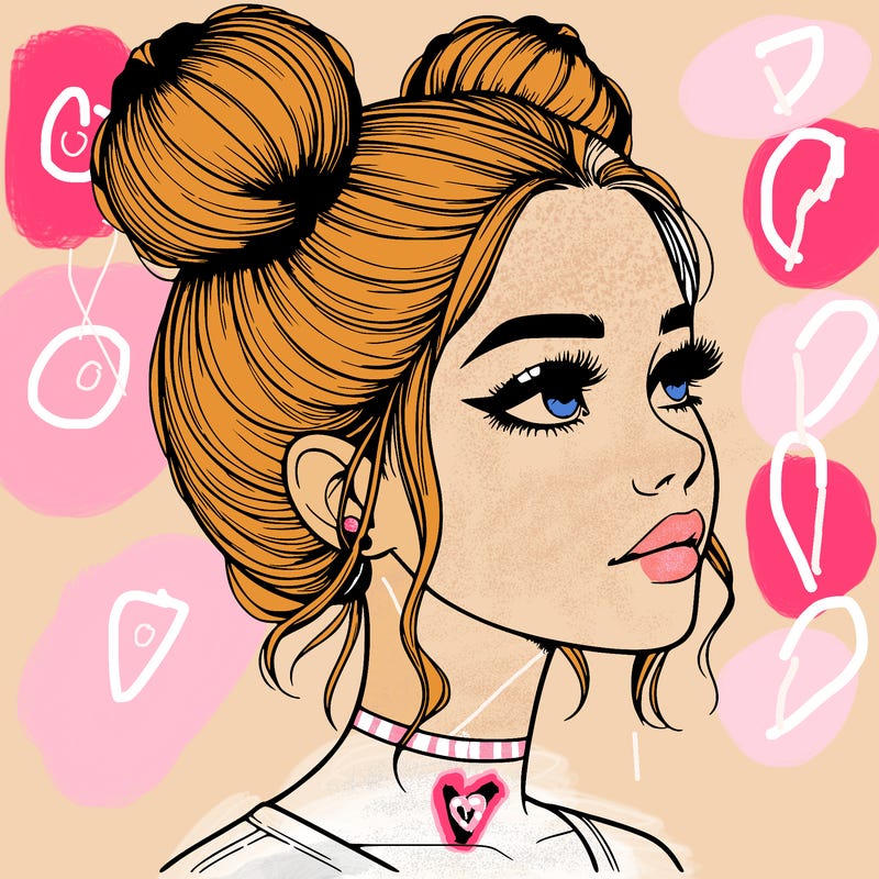 realistic girl with buns on the top of her head