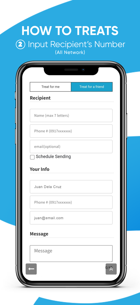 SHARE TREATS - A screenshot of the Share Treats mobile app showing the form for inputting recipient phone number and personal message.