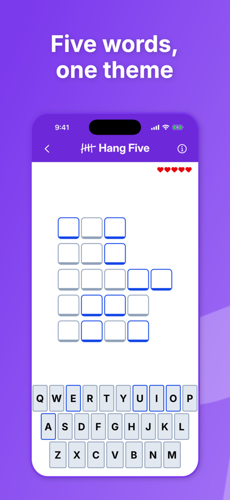 Hang Five - Hang Five app screenshot displaying a word puzzle interface with the headline Five words one theme