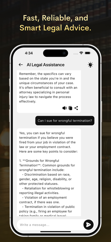 AI Lawyer - Legal Advisor - AI Lawyer app interface showing a chat conversation about legal advice for wrongful termination