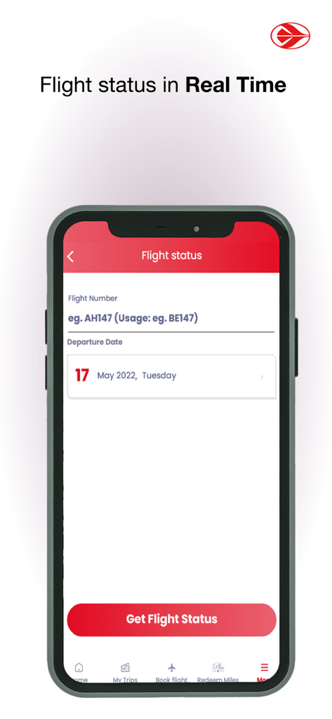 Air Algerie app interface for checking real time flight status by flight number and departure date