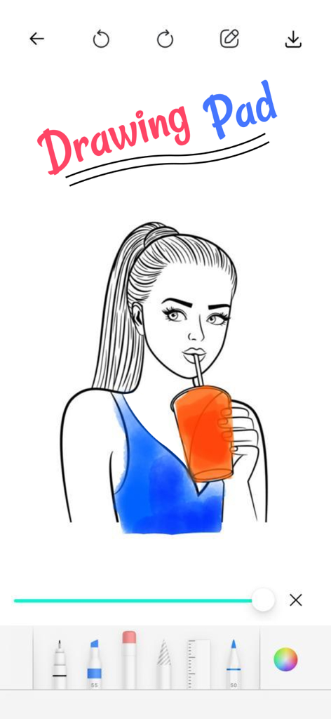 Interface de bloc-notes de dessin numérique avec une illustration de fille et des outils artistiques