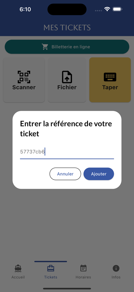 Manual ticket reference entry screen in the Aremiti ferry app