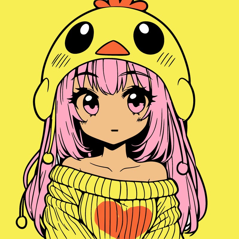 anime girl with chick shaped hat with sweater with bare shoulders with bangs covering them one eye with low tail