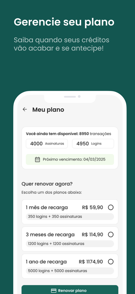 Bird ID - A mobile screen showing the Bird ID app plan management with options to renew credits for digital signatures and logins.